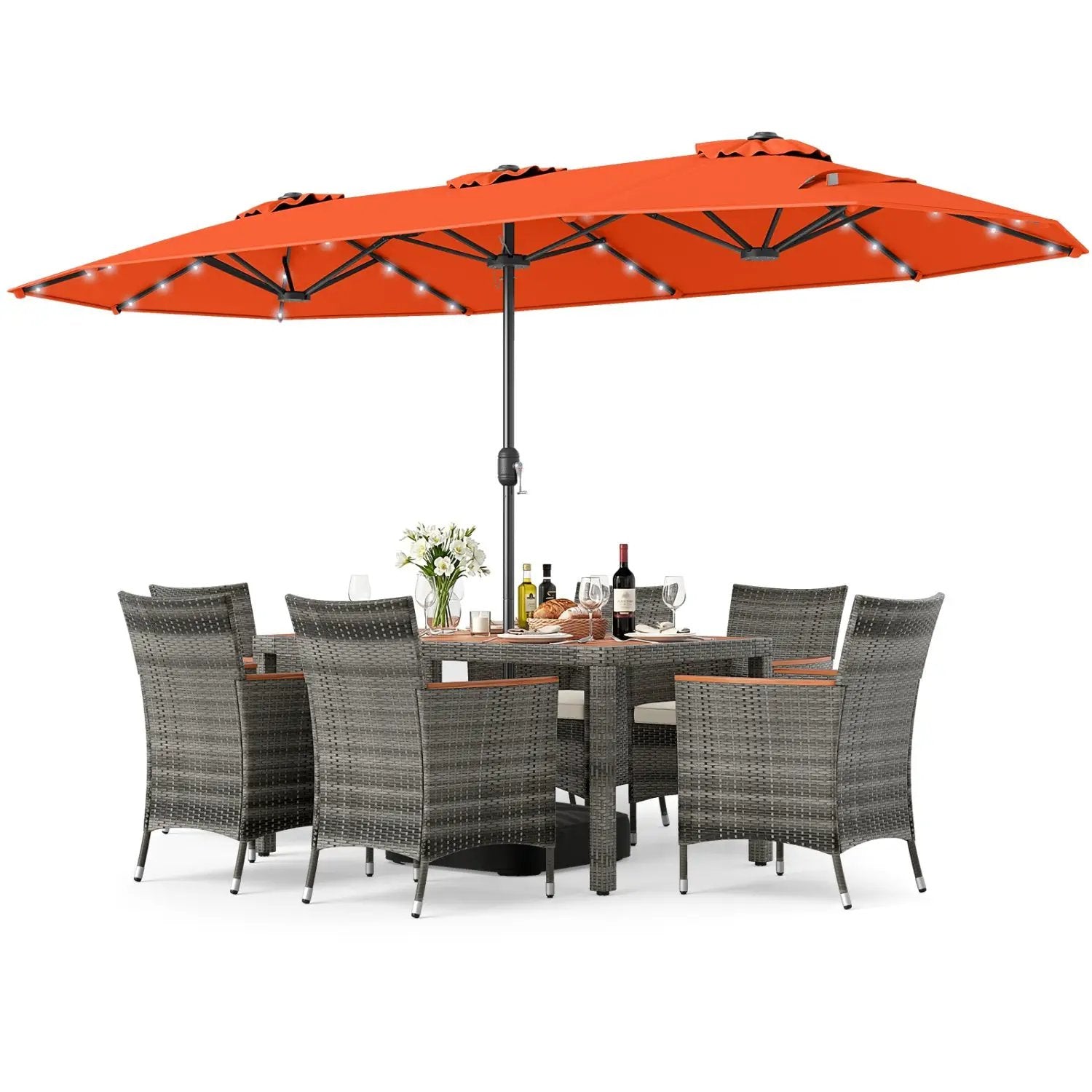 8 Pieces Outdoor Wicker Dining Furniture and 13.5 FT Double-Sided Patio Umbrella by DirectDeals