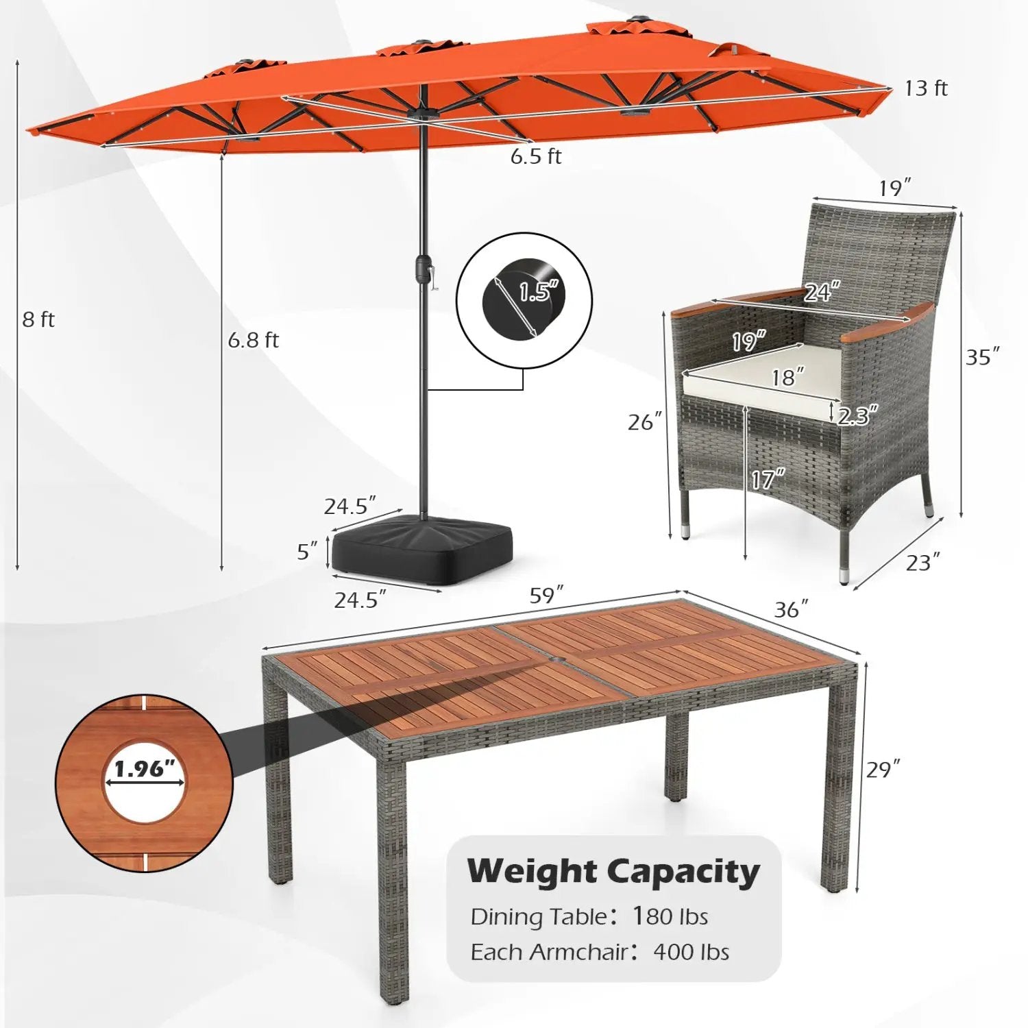 8 Pieces Outdoor Wicker Dining Furniture and 13.5 FT Double-Sided Patio Umbrella by DirectDeals