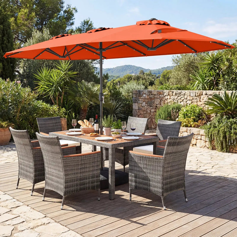 8 Pieces Outdoor Wicker Dining Furniture and 13.5 FT Double-Sided Patio Umbrella by DirectDeals
