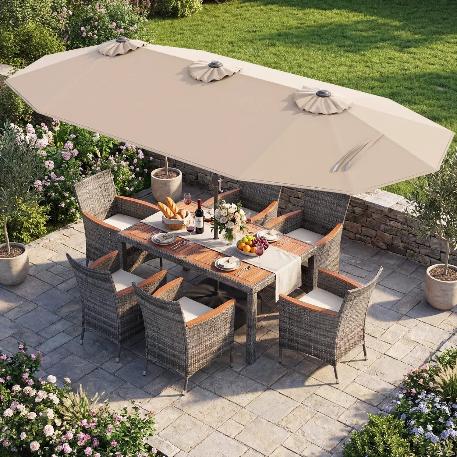 8 Pieces Outdoor Wicker Dining Furniture and 13.5 FT Double-Sided Patio Umbrella by DirectDeals