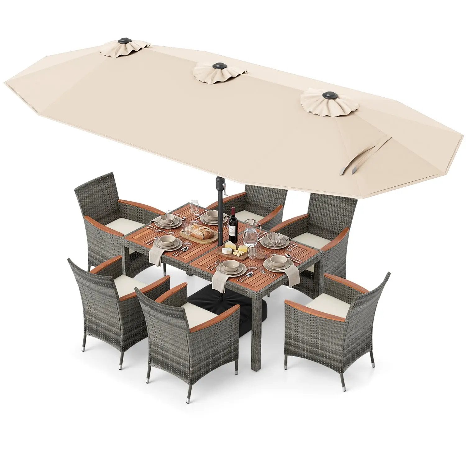 8 Pieces Outdoor Wicker Dining Furniture and 13.5 FT Double-Sided Patio Umbrella by DirectDeals