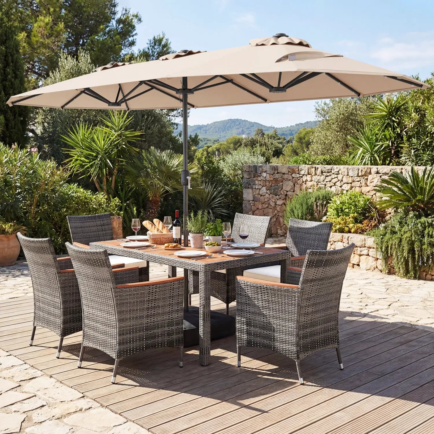 8 Pieces Outdoor Wicker Dining Furniture and 13.5 FT Double-Sided Patio Umbrella by DirectDeals