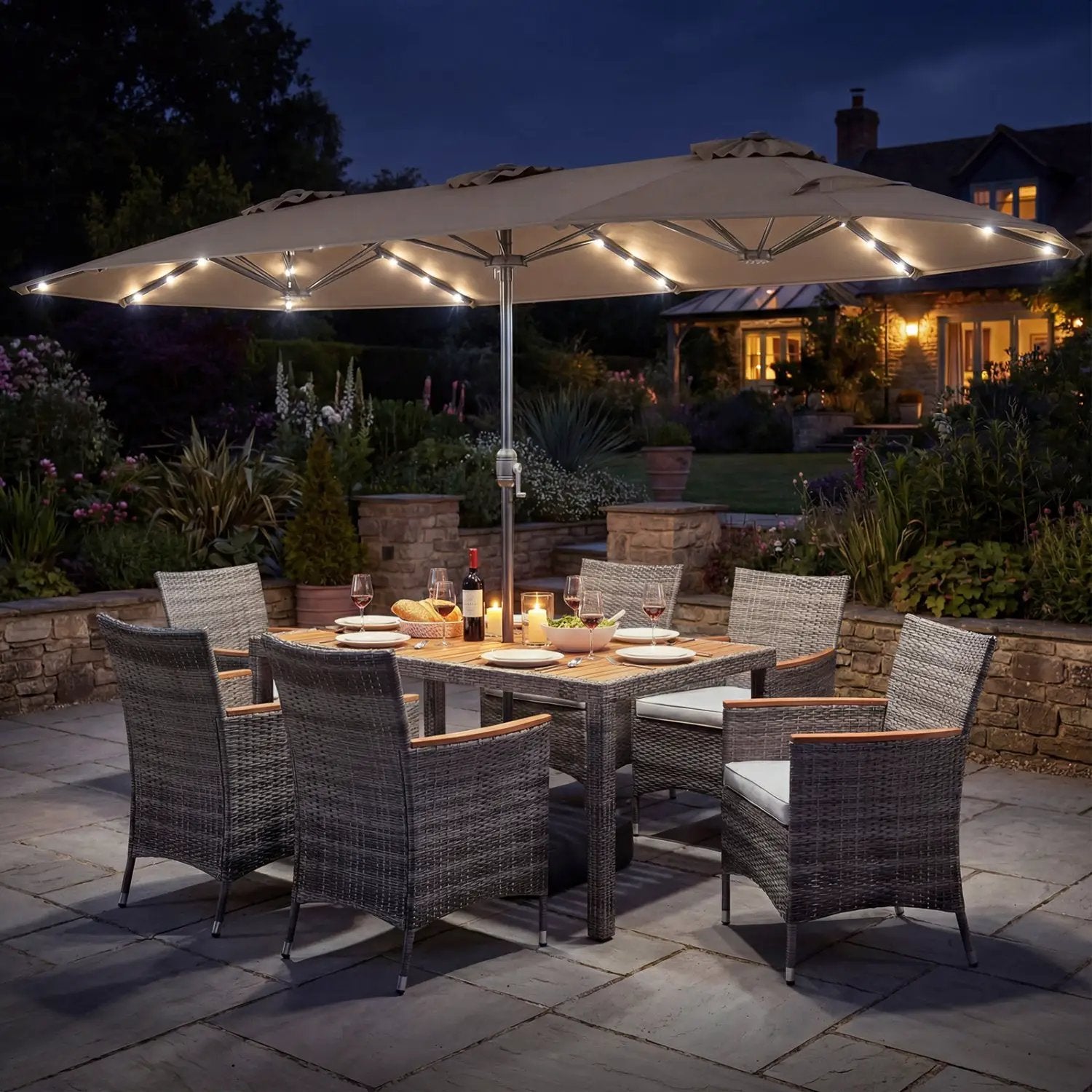8 Pieces Outdoor Wicker Dining Furniture and 13.5 FT Double-Sided Patio Umbrella by DirectDeals