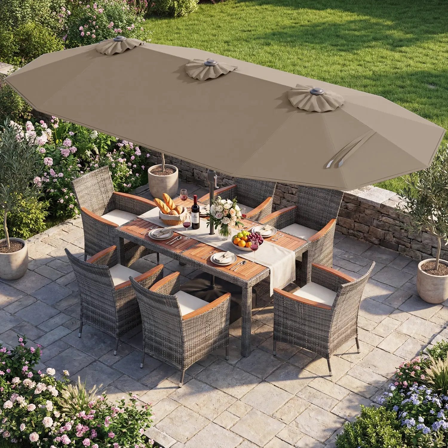 8 Pieces Outdoor Wicker Dining Furniture and 13.5 FT Double-Sided Patio Umbrella by DirectDeals