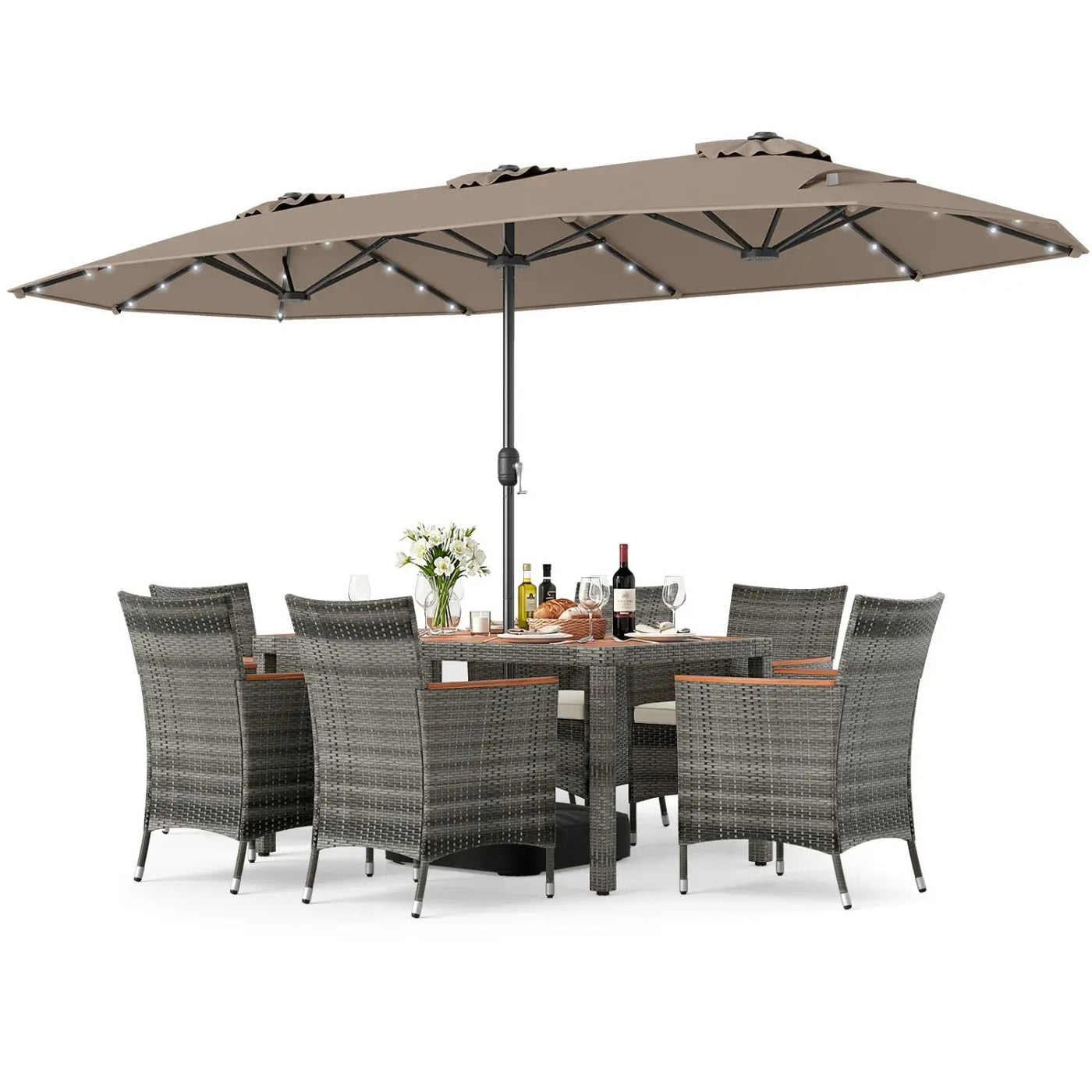 8 Pieces Outdoor Wicker Dining Furniture and 13.5 FT Double-Sided Patio Umbrella by DirectDeals
