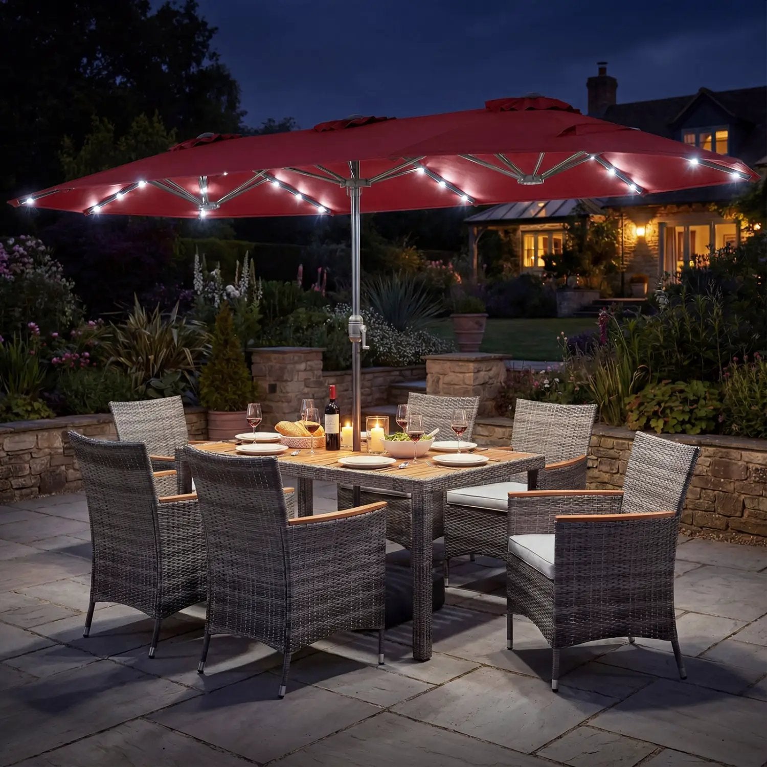 8 Pieces Outdoor Wicker Dining Furniture and 13.5 FT Double-Sided Patio Umbrella by DirectDeals