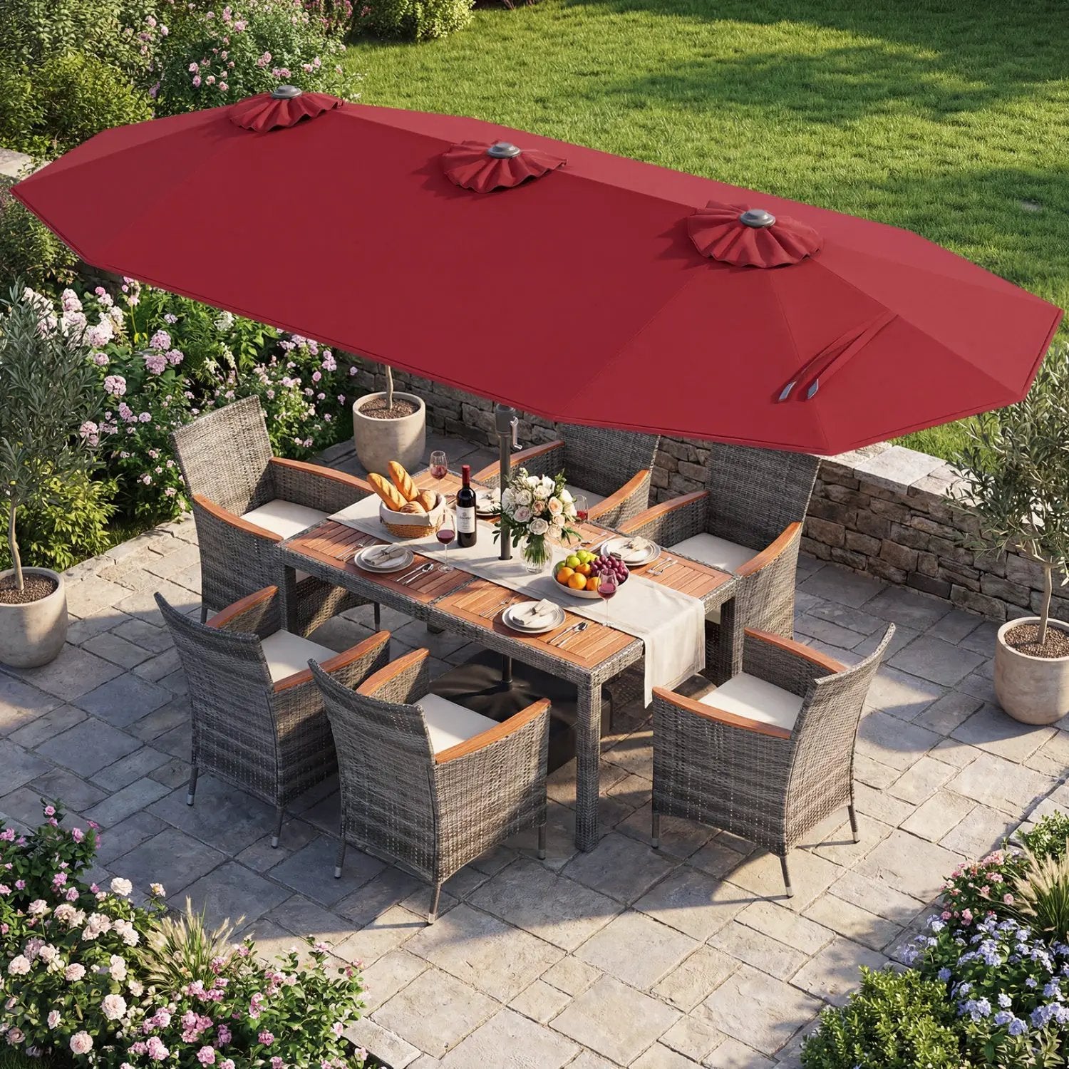 8 Pieces Outdoor Wicker Dining Furniture and 13.5 FT Double-Sided Patio Umbrella by DirectDeals