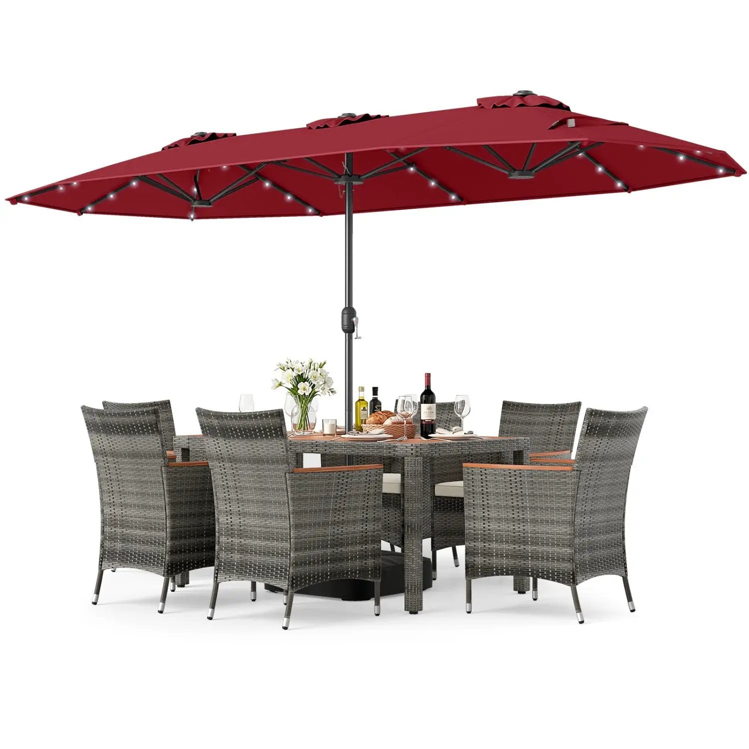 8 Pieces Outdoor Wicker Dining Furniture and 13.5 FT Double-Sided Patio Umbrella by DirectDeals