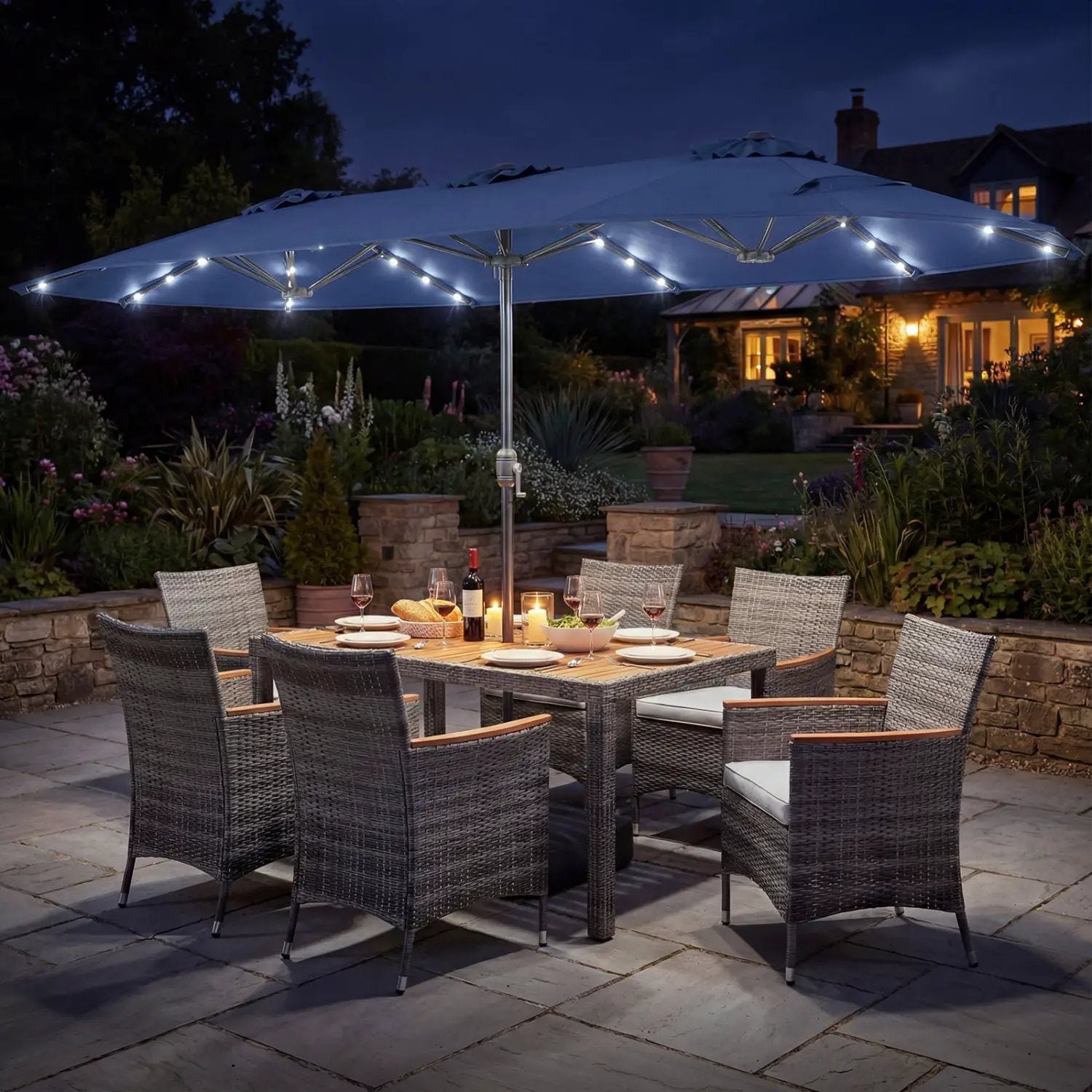 8 Pieces Outdoor Wicker Dining Furniture and 13.5 FT Double-Sided Patio Umbrella by DirectDeals