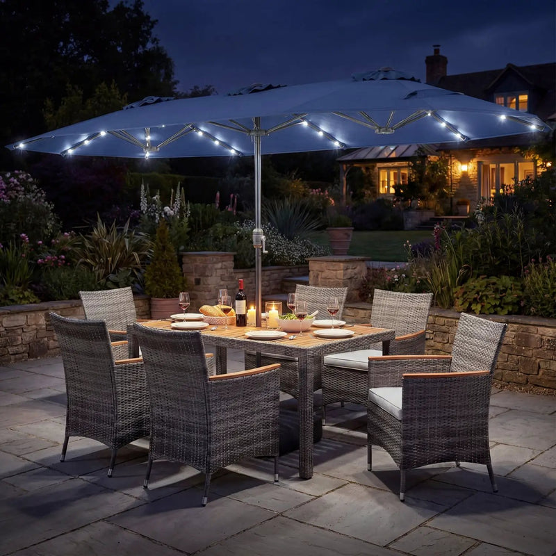 8 Pieces Outdoor Wicker Dining Furniture and 13.5 FT Double-Sided Patio Umbrella by DirectDeals