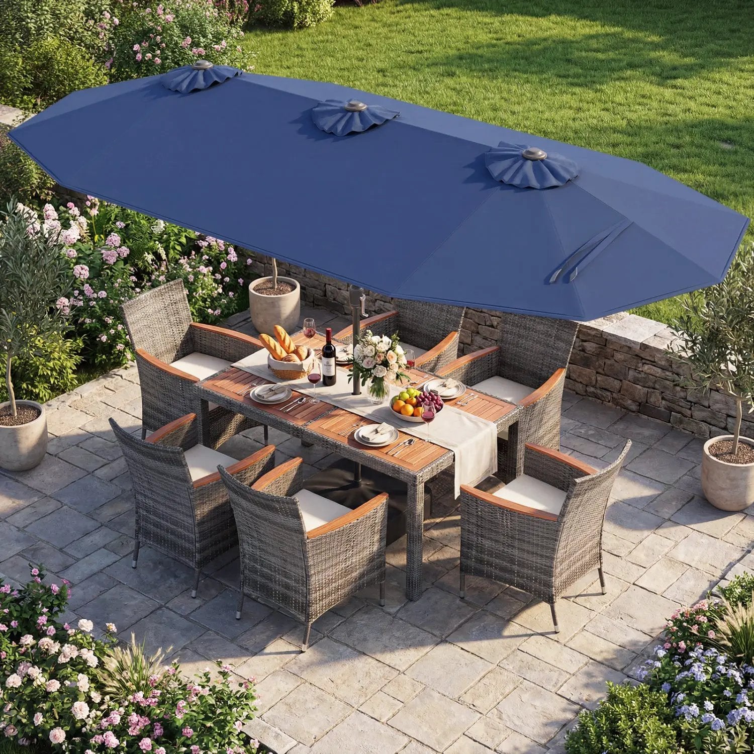 8 Pieces Outdoor Wicker Dining Furniture and 13.5 FT Double-Sided Patio Umbrella by DirectDeals