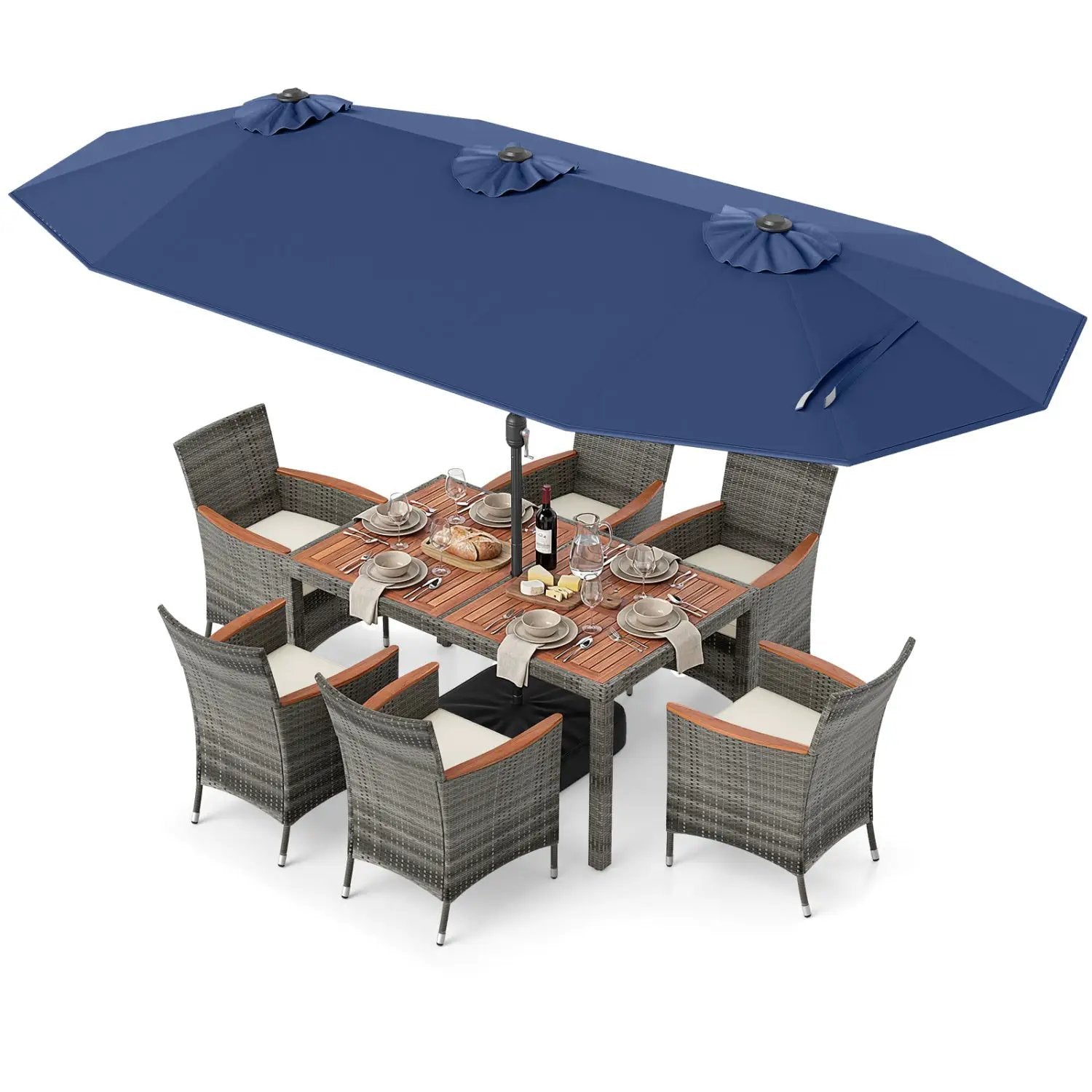 8 Pieces Outdoor Wicker Dining Furniture and 13.5 FT Double-Sided Patio Umbrella by DirectDeals