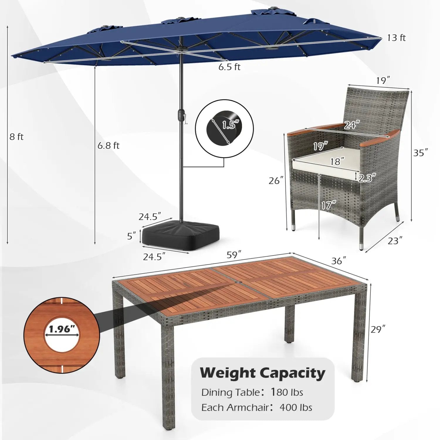 8 Pieces Outdoor Wicker Dining Furniture and 13.5 FT Double-Sided Patio Umbrella by DirectDeals