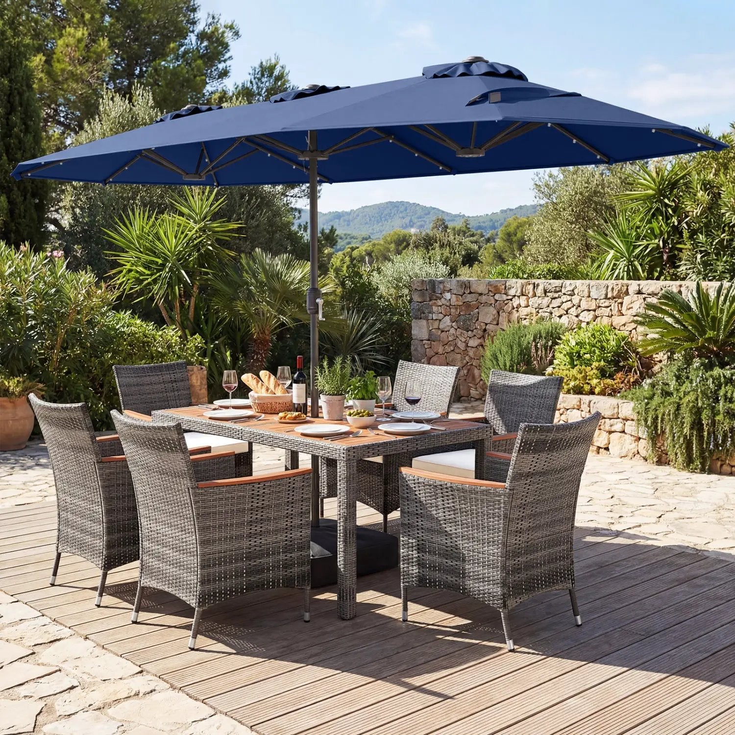 8 Pieces Outdoor Wicker Dining Furniture and 13.5 FT Double-Sided Patio Umbrella by DirectDeals