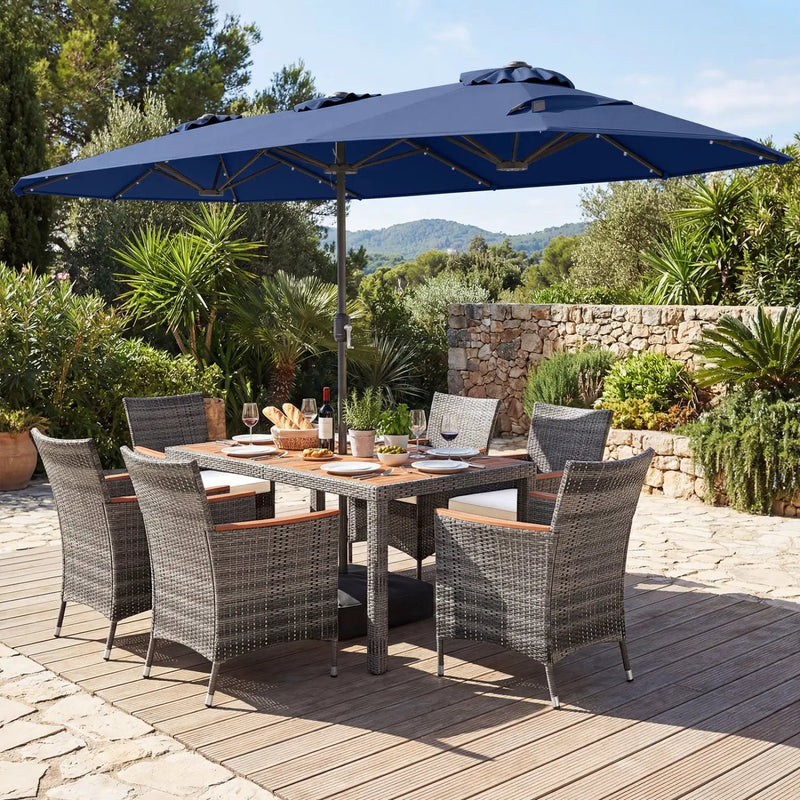 8 Pieces Outdoor Wicker Dining Furniture and 13.5 FT Double-Sided Patio Umbrella by DirectDeals