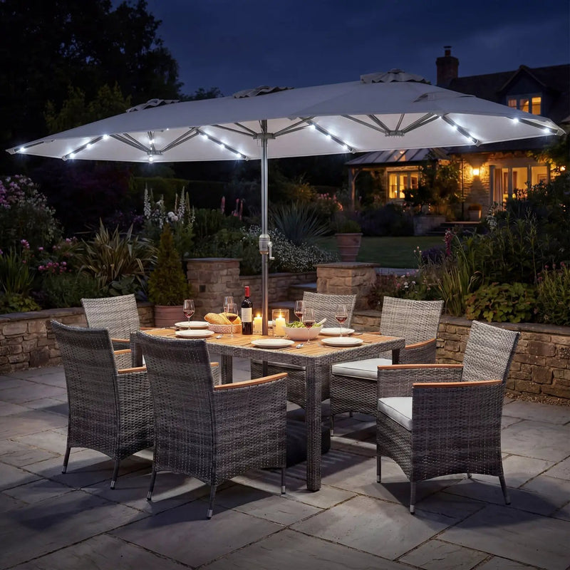 8 Pieces Outdoor Wicker Dining Furniture and 13.5 FT Double-Sided Patio Umbrella by DirectDeals