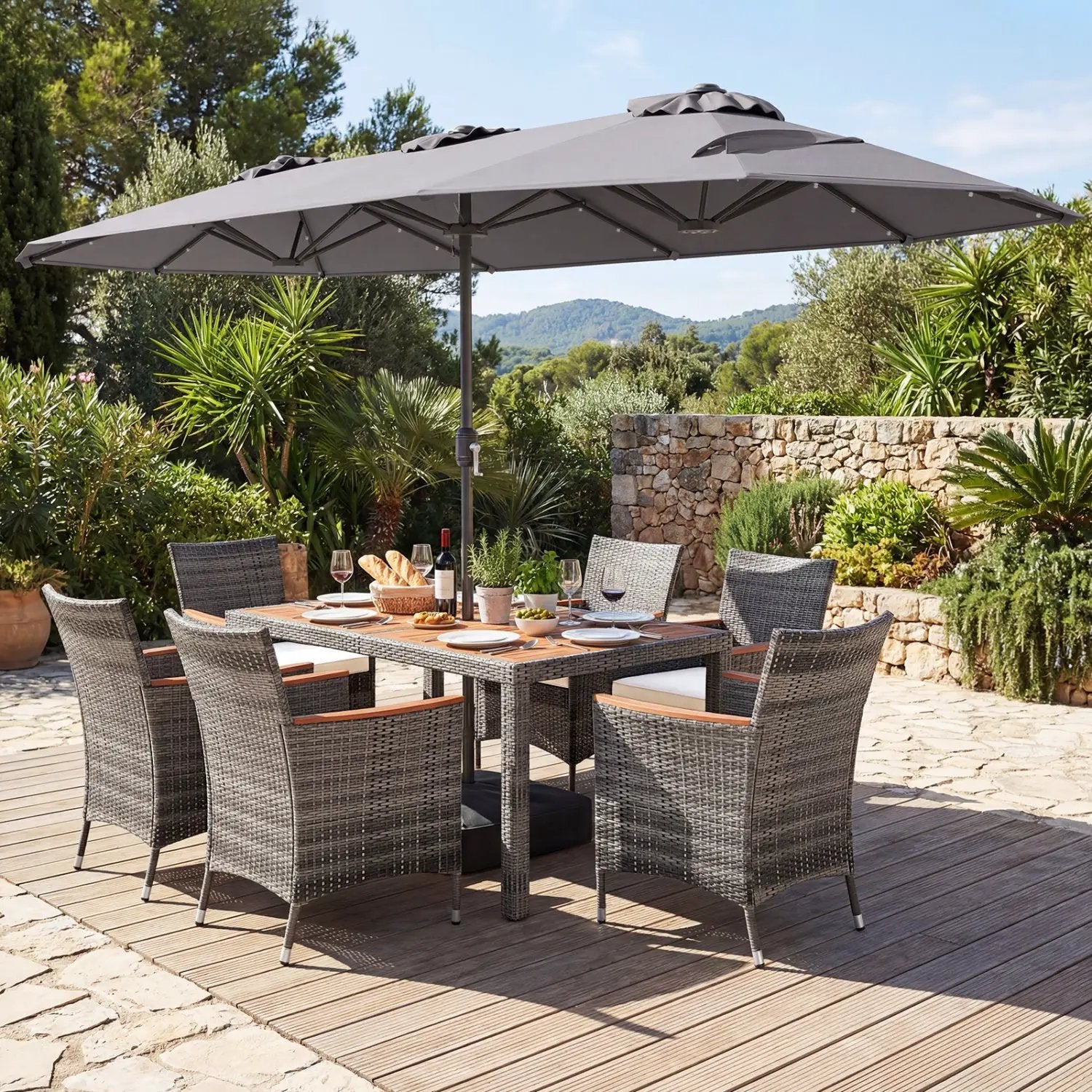 8 Pieces Outdoor Wicker Dining Furniture and 13.5 FT Double-Sided Patio Umbrella by DirectDeals