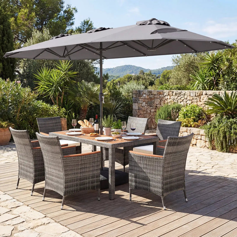 8 Pieces Outdoor Wicker Dining Furniture and 13.5 FT Double-Sided Patio Umbrella by DirectDeals