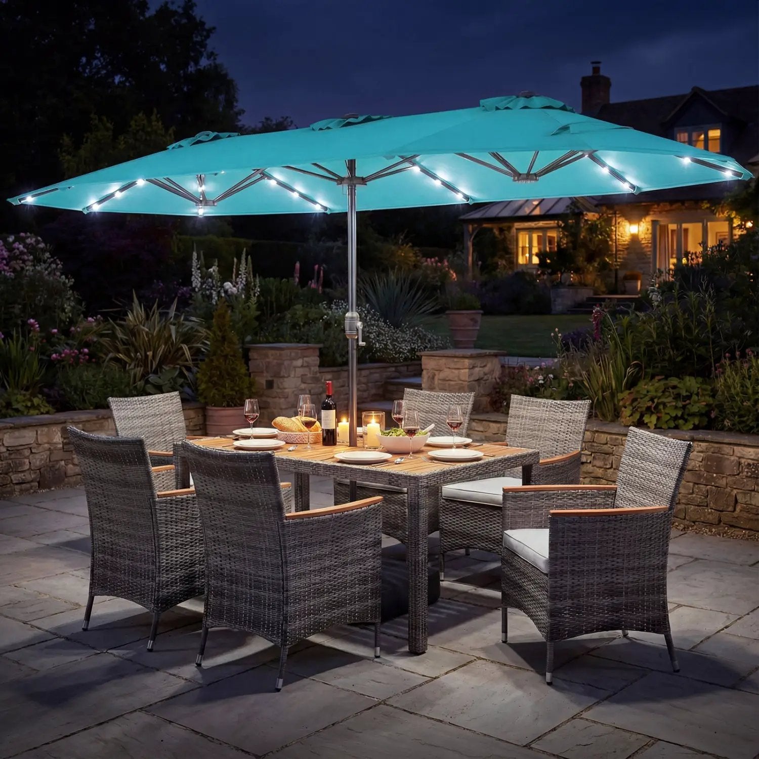 8 Pieces Outdoor Wicker Dining Furniture and 13.5 FT Double-Sided Patio Umbrella by DirectDeals