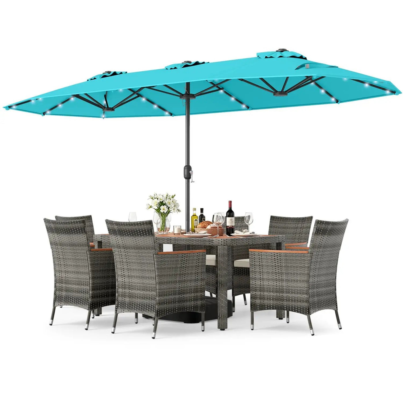8 Pieces Outdoor Wicker Dining Furniture and 13.5 FT Double-Sided Patio Umbrella by DirectDeals