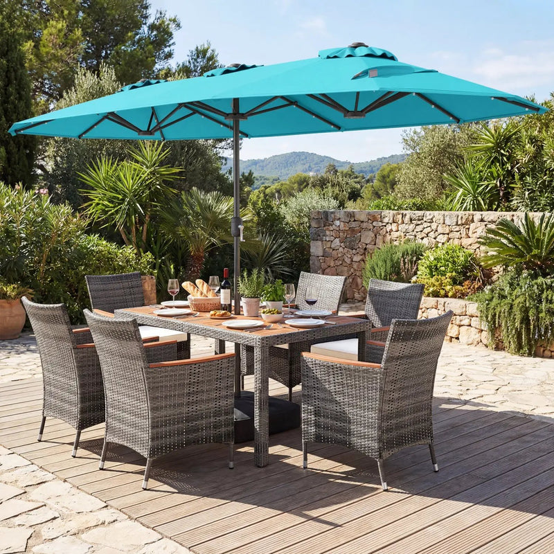 8 Pieces Outdoor Wicker Dining Furniture and 13.5 FT Double-Sided Patio Umbrella by DirectDeals
