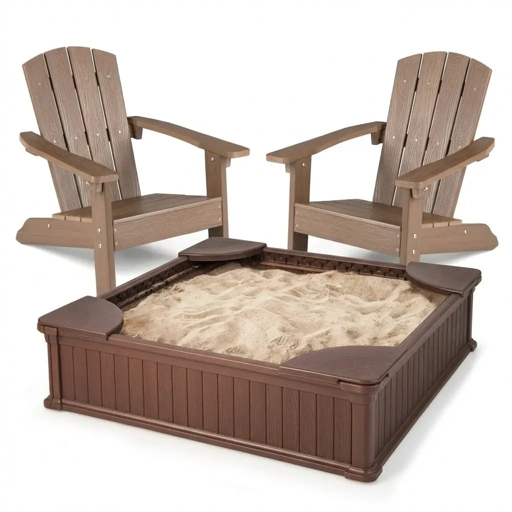 Kids Sandbox with Cover and Seats with 2 Kids Adirondack Chairs by DirectDeals