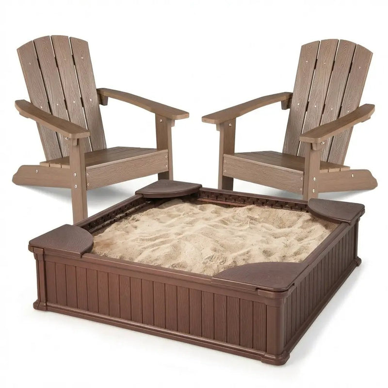 Kids Sandbox with Cover and Seats with 2 Kids Adirondack Chairs by DirectDeals