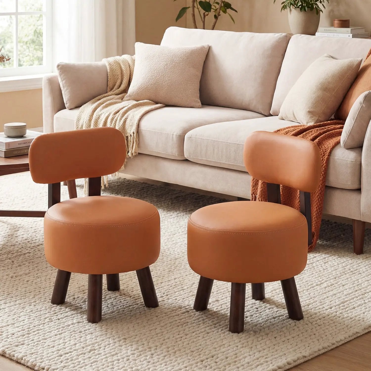 Small Footrest Stools Set of 2 Round Ottoman with Backrest by DirectDeals