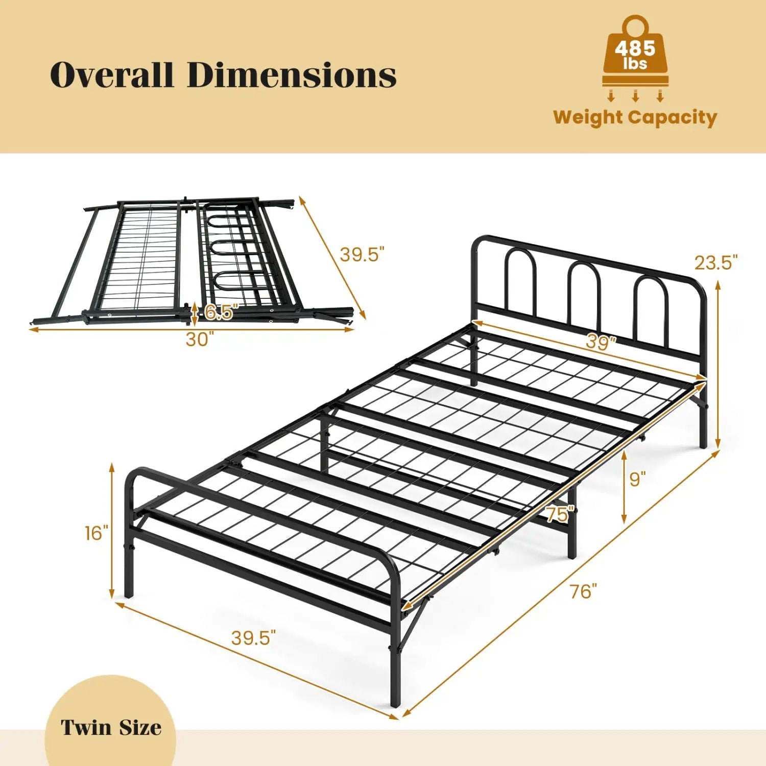 Heavy Duty Metal Twin Foldable Bed Frame with Headboard & Footboard by DirectDeals