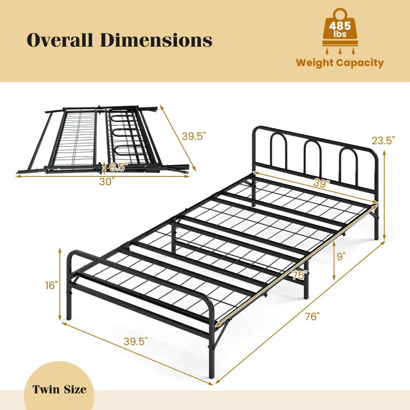 Heavy Duty Metal Twin Foldable Bed Frame with Headboard & Footboard by DirectDeals