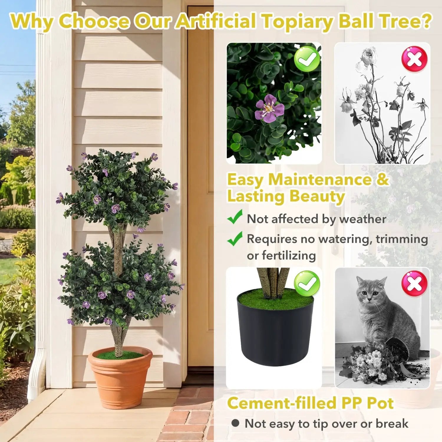 2 Pack 36" Artificial Double Ball Boxwood Topiary Tree with 41 Blossoms by DirectDeals