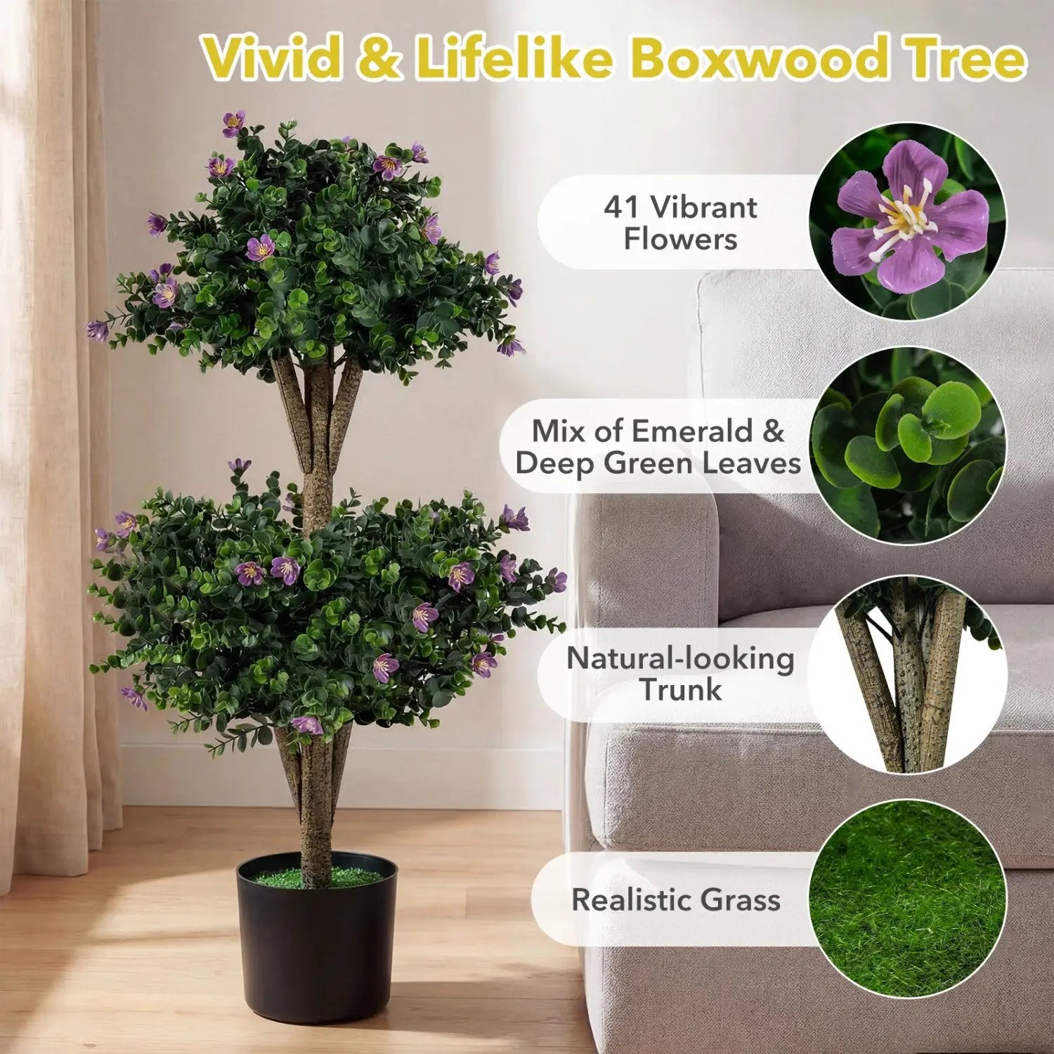 2 Pack 36" Artificial Double Ball Boxwood Topiary Tree with 41 Blossoms by DirectDeals