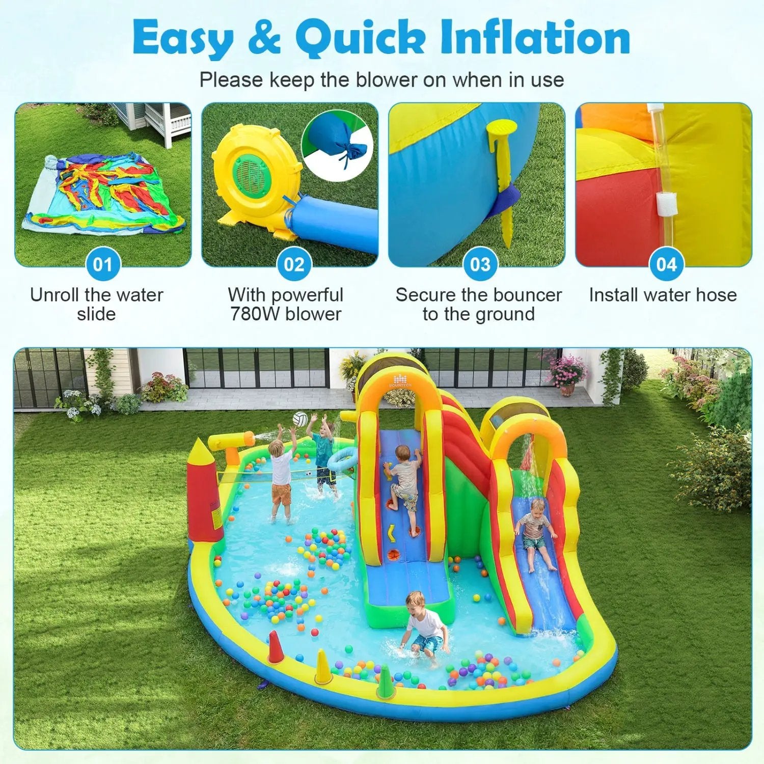8-in-1 Giant Bounce House with 2 Long Slides for Yard Party with 780W Blower by DirectDeals