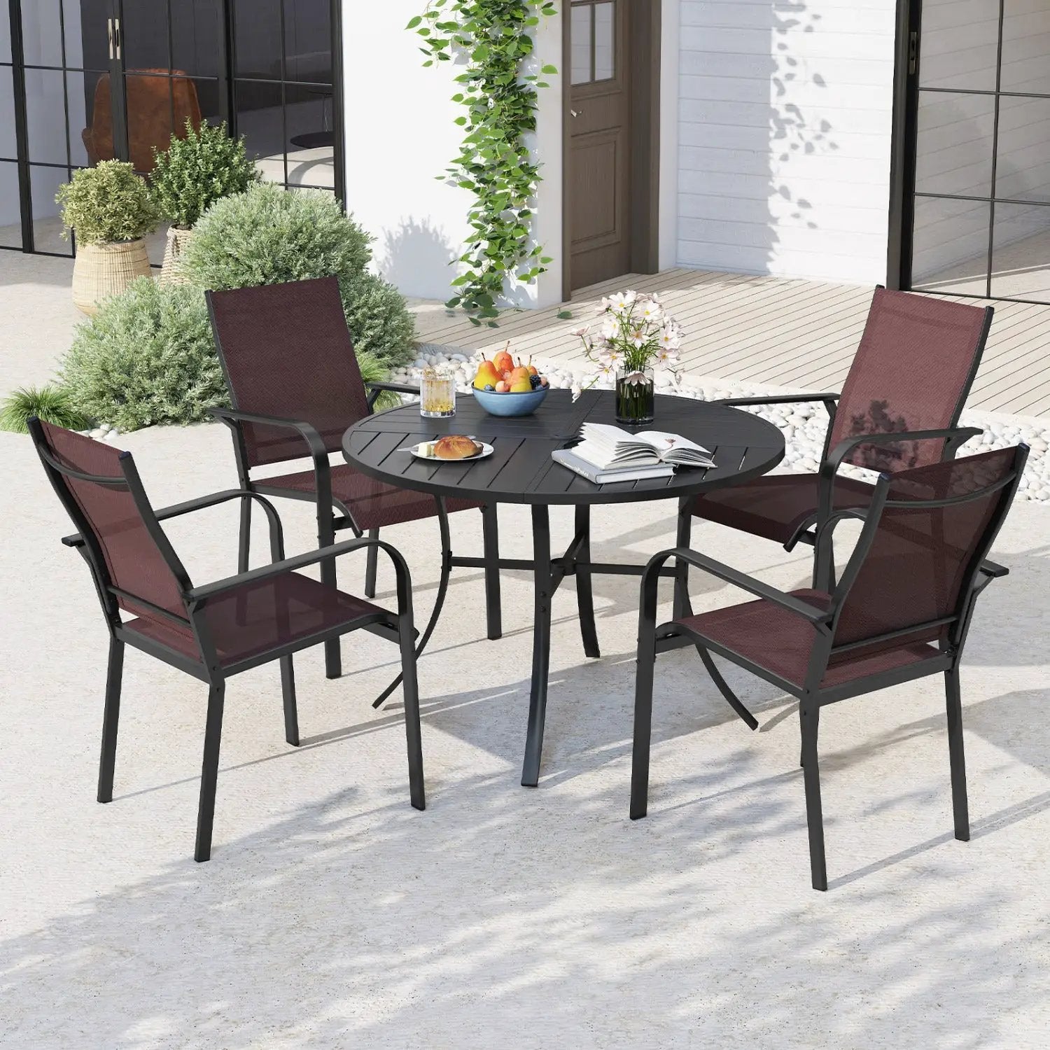 5 Pieces Patio Dining Set for 4 42.5 inch Outdoor Round Metal Table by DirectDeals