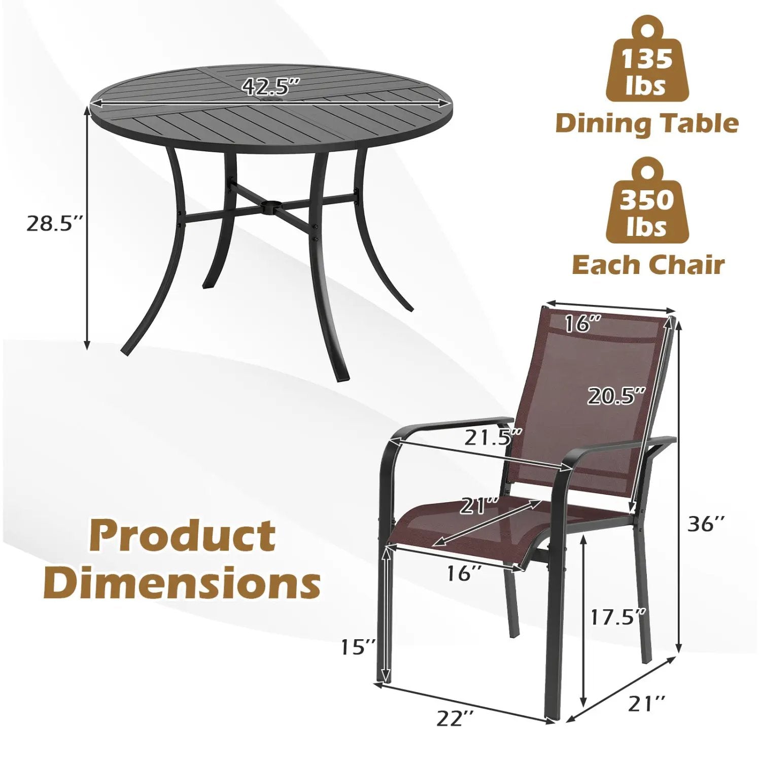5 Pieces Patio Dining Set for 4 42.5 inch Outdoor Round Metal Table by DirectDeals
