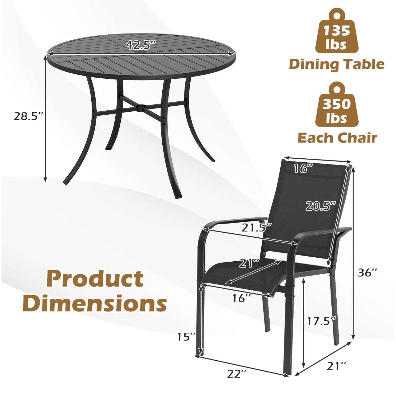 5 Pieces Patio Dining Set for 4 42.5 inch Outdoor Round Metal Table by DirectDeals
