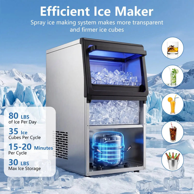 Stainless Steel Spray Ice Maker 80 Lbs Per Day with Clear Hard Ice Machine by DirectDeals