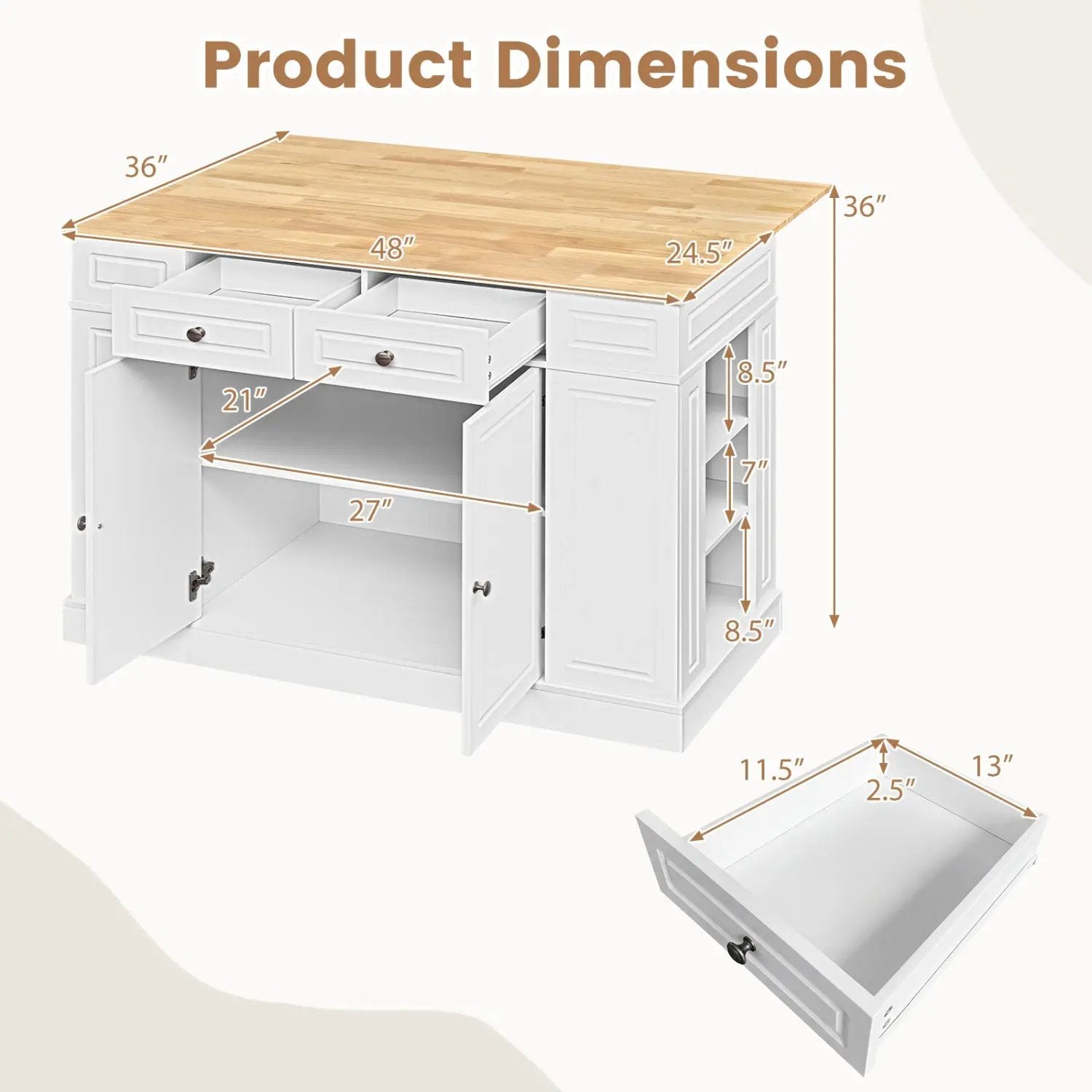Kitchen Island with Storage with 2 Counter Height Solid Wood Bar Stools Set by DirectDeals