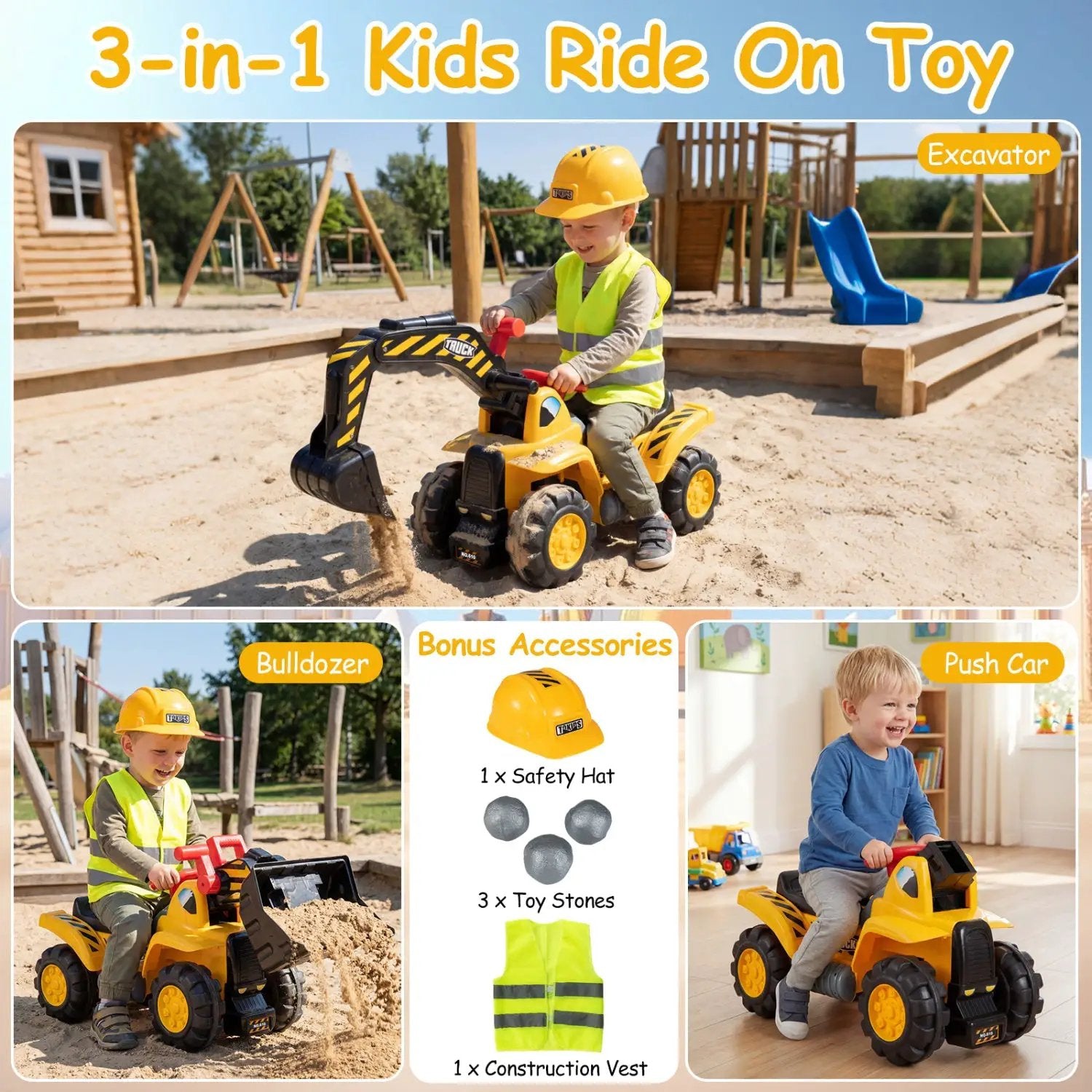3-in-1 Ride on Excavator Bulldozer Detachable with Engine Sound and Helmet by DirectDeals