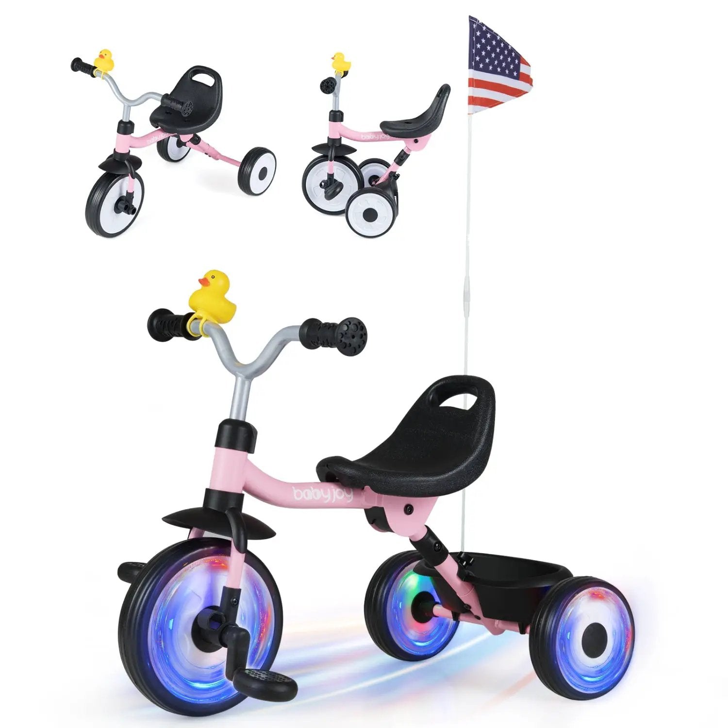Glowing Wheels Toddler Tricycle Foldable Kids Trike with Basket and Duck Bell by DirectDeals
