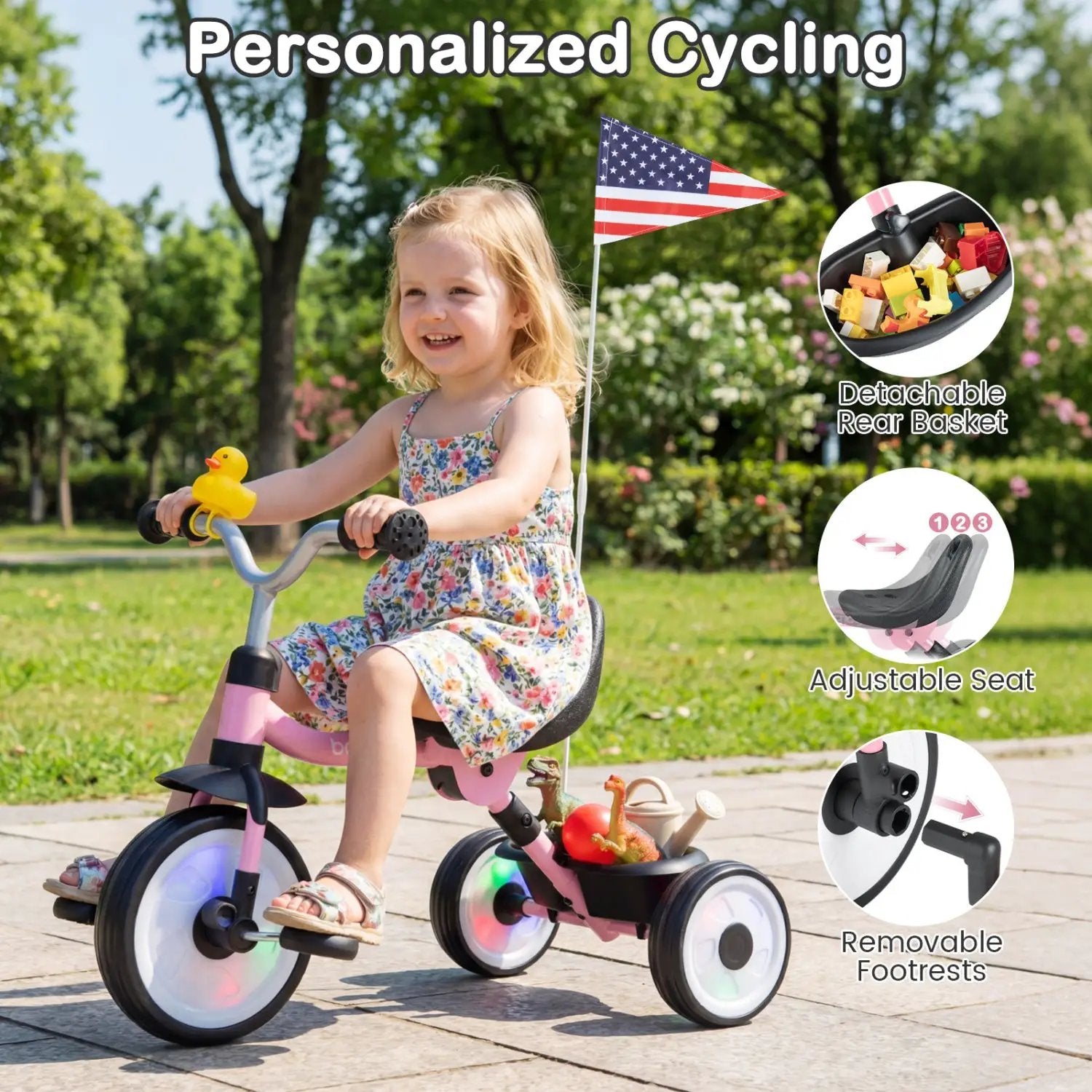 Glowing Wheels Toddler Tricycle Foldable Kids Trike with Basket and Duck Bell by DirectDeals