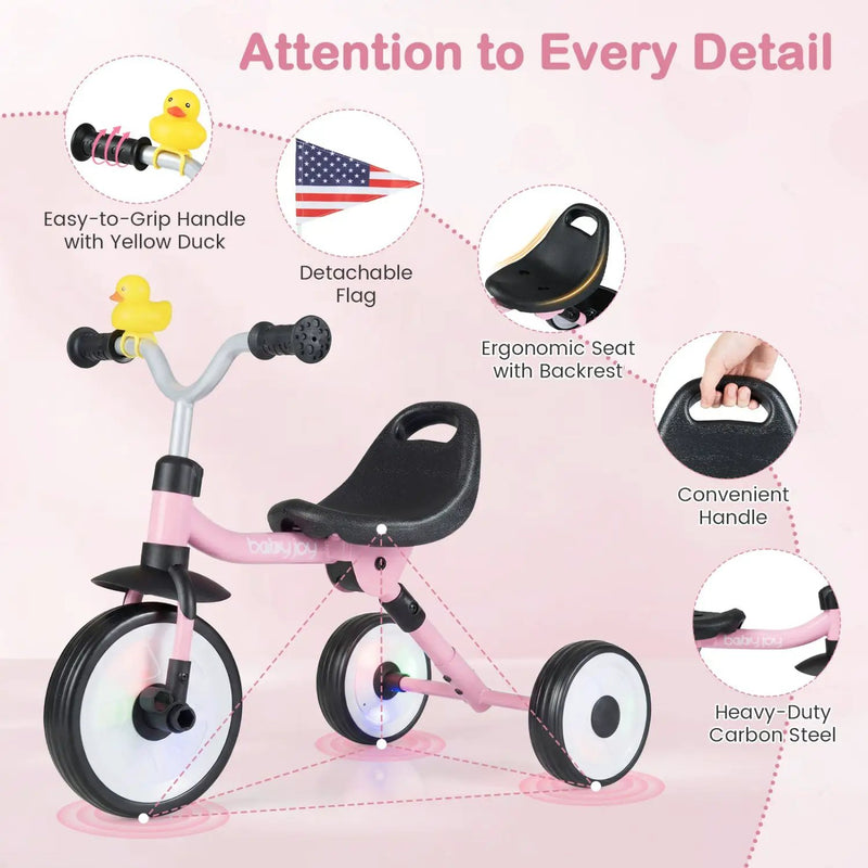 Glowing Wheels Toddler Tricycle Foldable Kids Trike with Basket and Duck Bell by DirectDeals