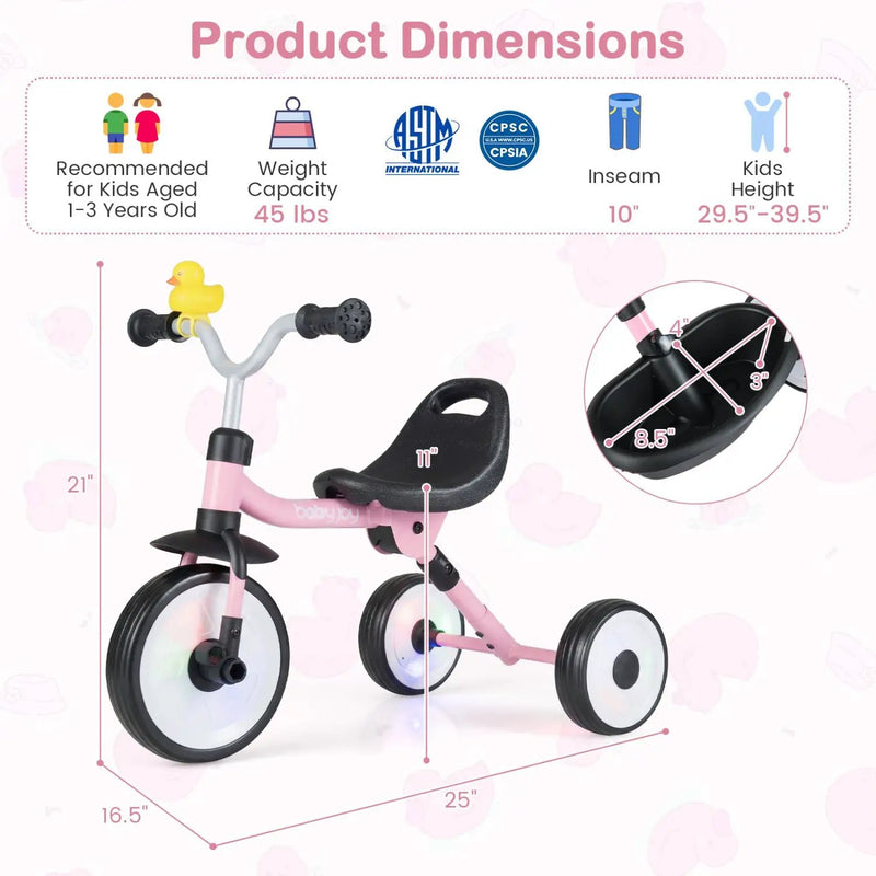 Glowing Wheels Toddler Tricycle Foldable Kids Trike with Basket and Duck Bell by DirectDeals
