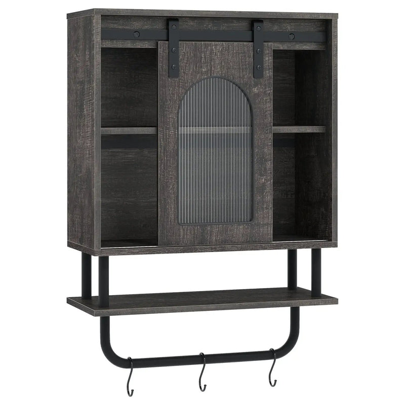 Bathroom Wall Cabinet with Sliding Barn Door and Metal Hanging Bar with 3 Hooks by DirectDeals