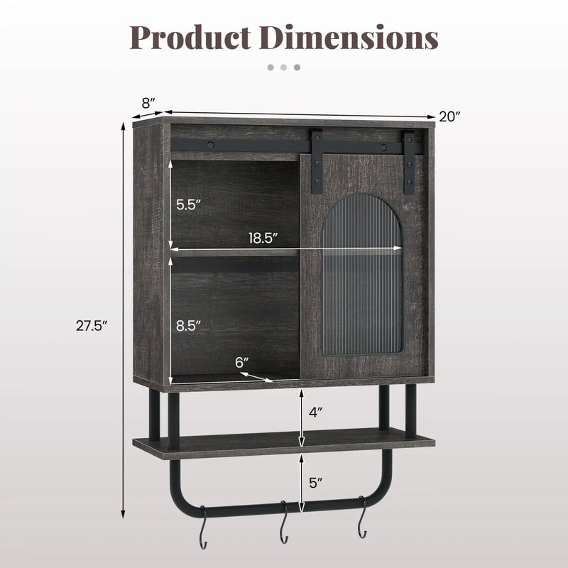 Bathroom Wall Cabinet with Sliding Barn Door and Metal Hanging Bar with 3 Hooks by DirectDeals