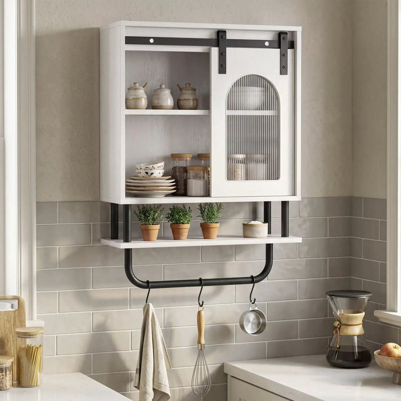 Bathroom Wall Cabinet with Sliding Barn Door and Metal Hanging Bar with 3 Hooks by DirectDeals