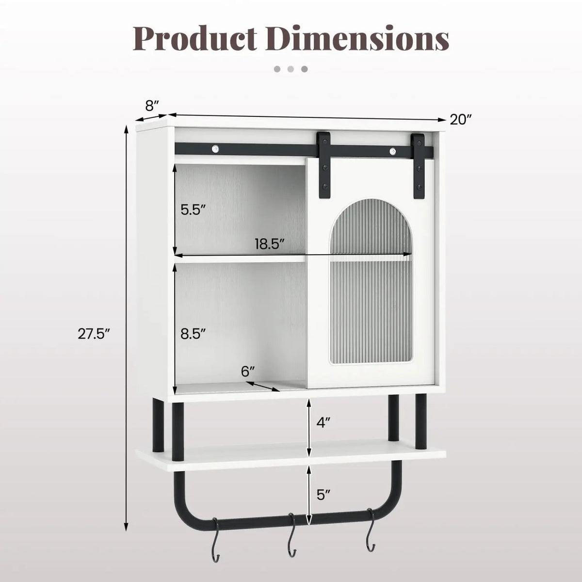 Bathroom Wall Cabinet with Sliding Barn Door and Metal Hanging Bar with 3 Hooks by DirectDeals