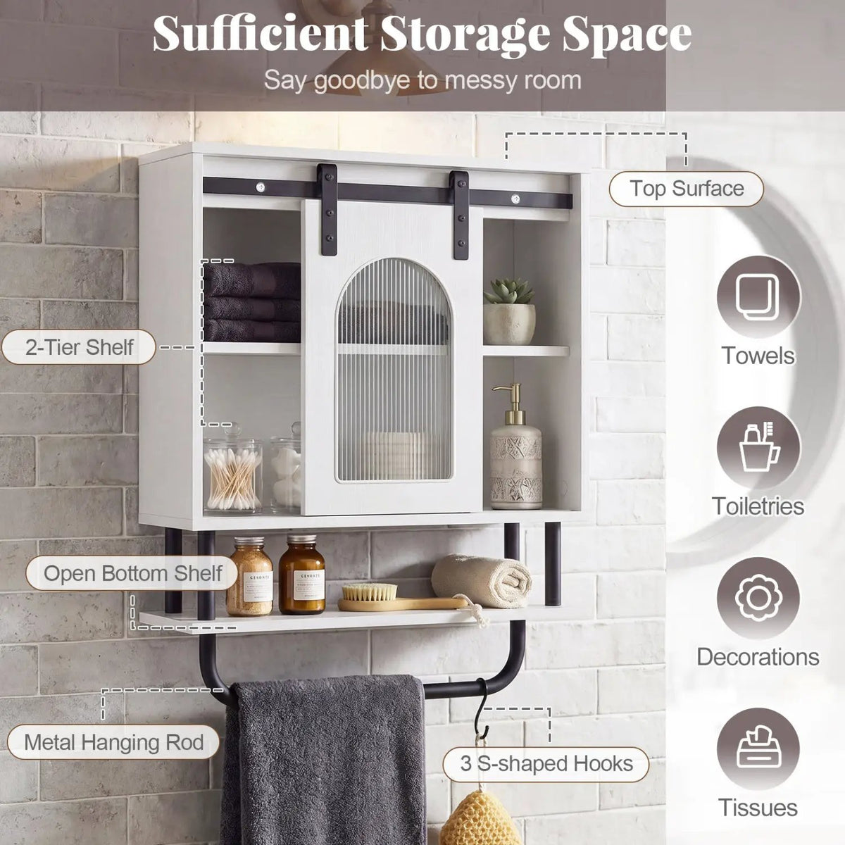 Bathroom Wall Cabinet with Sliding Barn Door and Metal Hanging Bar with 3 Hooks by DirectDeals