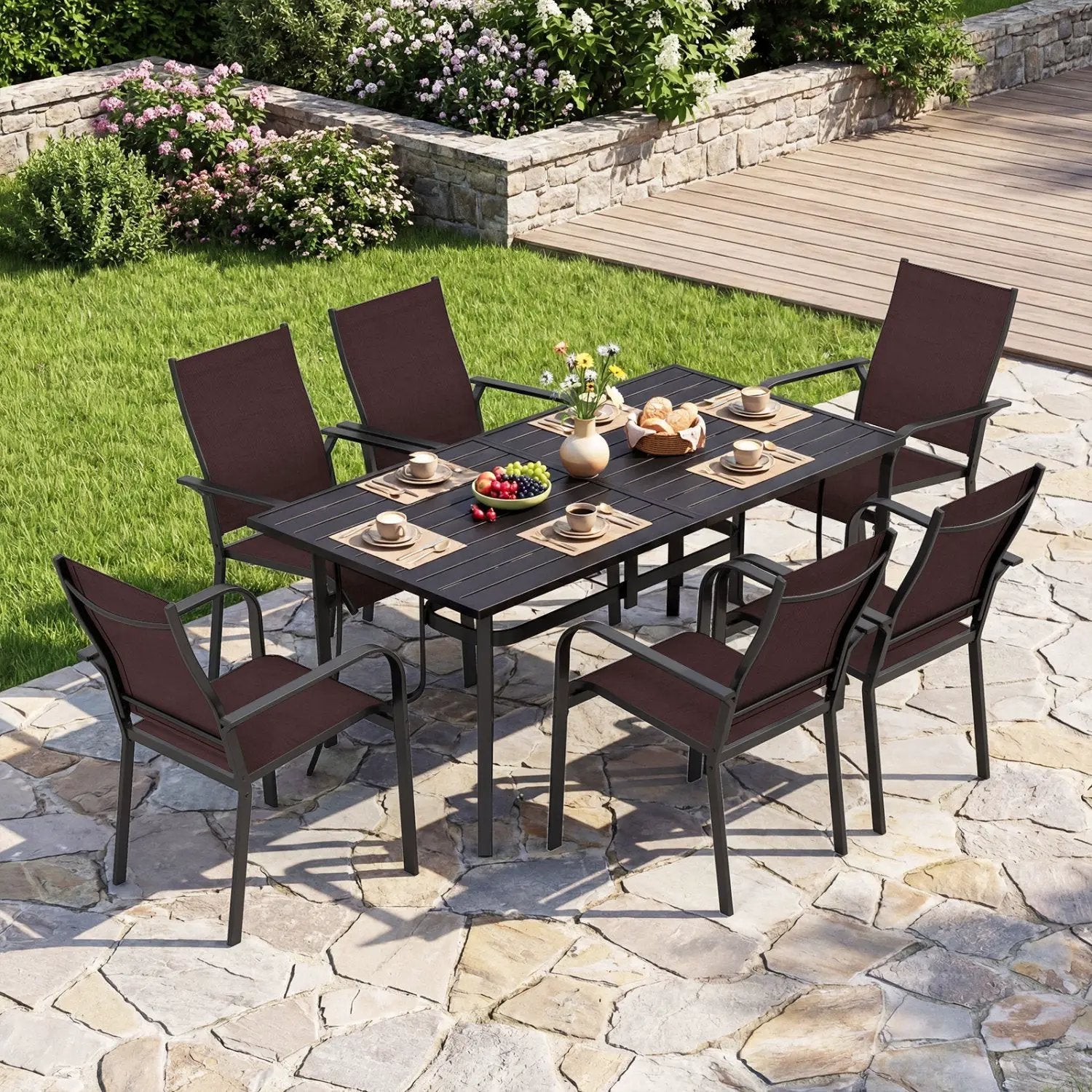 7-Piece Patio Dining Set for 6 with Rectangle Metal Table and Stackable Breathable Mesh Armchairs by DirectDeals