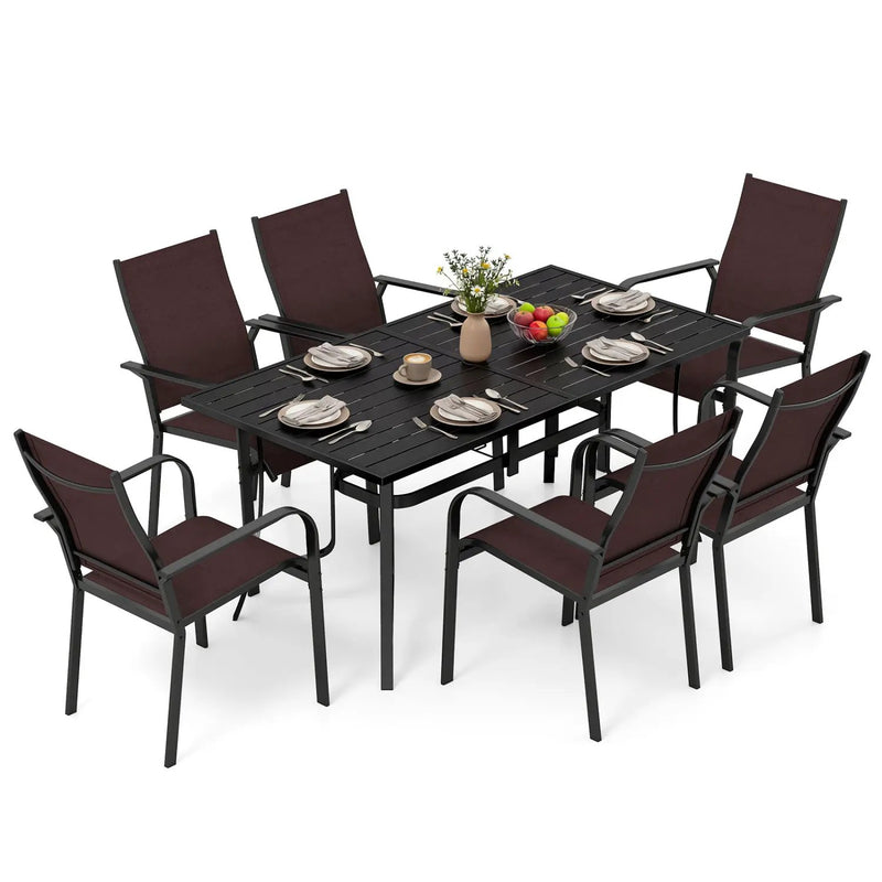 7-Piece Patio Dining Set for 6 with Rectangle Metal Table and Stackable Breathable Mesh Armchairs by DirectDeals